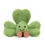 Alternative front view of Jellycat Amuseable Siofra Shamrock with a happy face and cordy feet.