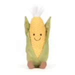 Alternative front view of Jellycat Amuseable Sweetcorn with bright smile, yellow kernel texture, and cordy legs.