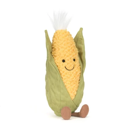 Front view of Jellycat Amuseable Sweetcorn with yellow textured plush, soft green husk, white silky tuft, and cordy feet.