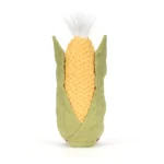 Rear view of Jellycat Amuseable Sweetcorn showing full green husk wrapping and white tuft from behind.