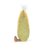 Side view of Jellycat Amuseable Sweetcorn showing curved husk detail and fluffy white tuft on top.