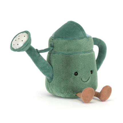 Front view of Jellycat Amuseable Watering Can with smiling face, long spout, and cordy feet.