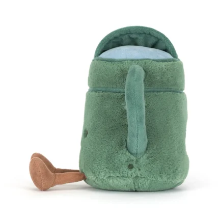 Side view of Jellycat Amuseable Watering Can showing curved handle and blue lid detail.