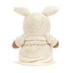 Rear view of Jellycat Bartholomew Bear in cream bathrobe with raised bunny-eared hood.