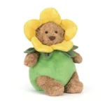 Front view of Jellycat Bartholomew Bear 'Daffodil Outfit' wearing a yellow daffodil costume with a smiling face.