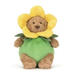 Alternative front view of Jellycat Bartholomew Bear 'Daffodil Outfit' showing the flower-shaped headpiece and soft brown fur.