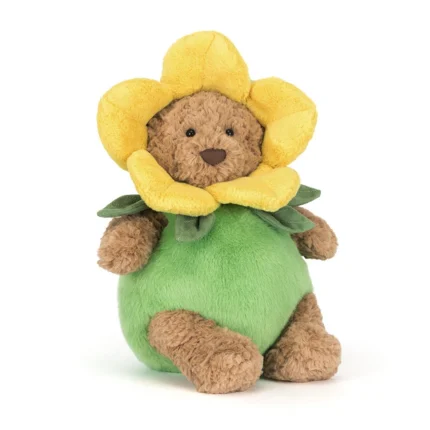 Front view of Jellycat Bartholomew Bear 'Daffodil Outfit' wearing a yellow daffodil costume with a smiling face.