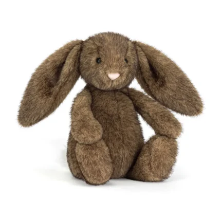 Front view of Jellycat Bashful Hoppleston Luxe Bunny with soft brown plush fur and floppy ears.