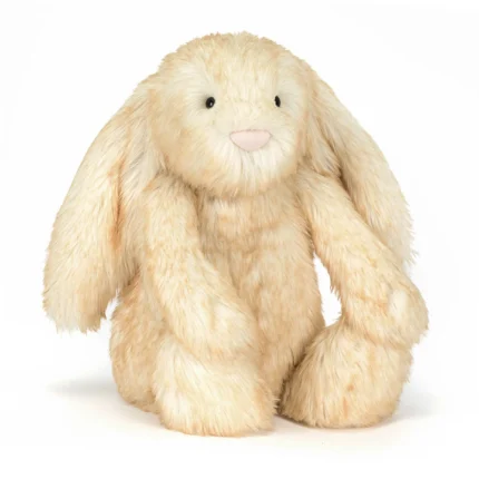 Front view of Jellycat Bashful Springlowe Luxe Bunny with soft mottled beige fur, floppy ears, and a stitched pink nose.