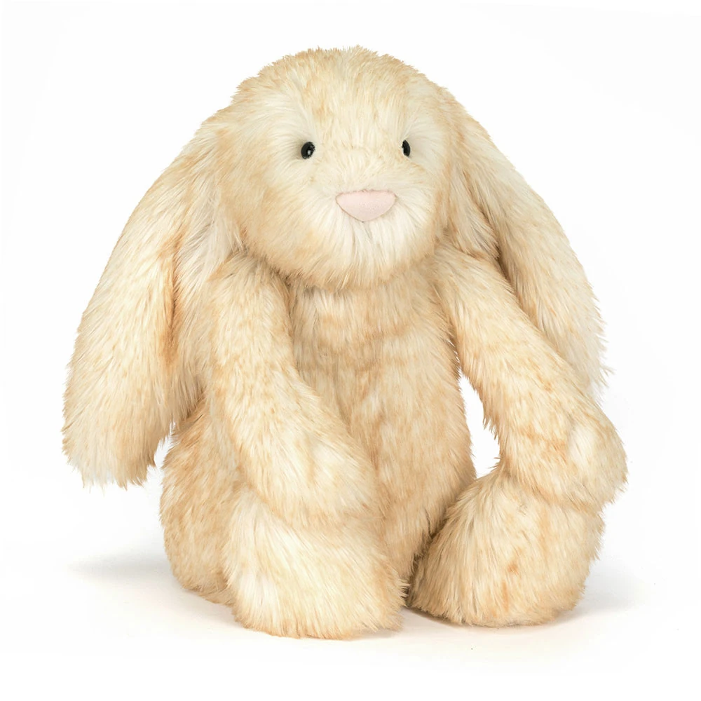 jellycat-bashful-springlowe-luxe-bunny-front Front view of Jellycat Bashful Springlowe Luxe Bunny with soft mottled beige fur, floppy ears, and a stitched pink nose.