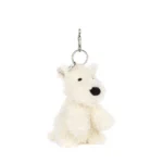 Front view of the Jellycat Munro Scottie Dog Bag Charm, featuring soft cream fur, a black nose, and a silver keyring with Jellycat tag.
