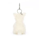 Rear view of the Jellycat Munro Scottie Dog Bag Charm, showing its tousled cream fur and attached Jellycat tag near the ears.
