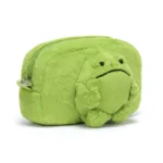Front view of Jellycat Ricky Rain Frog Pouch showing plush green body with frog face and arms.