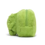 Side view of Jellycat Ricky Rain Frog Pouch displaying rectangular shape and green zipper.
