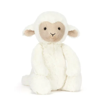 Front view of Jellycat Skipson Lamb with soft cream fur, beige face, and upright ears.