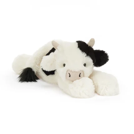 Front view of Jellycat Smudge Cow with soft black and white fur, upright cream horns, and a stitched beige snout.