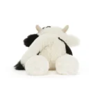 Rear view of Jellycat Smudge Cow highlighting curved back legs, tail placement, and soft plush texture.