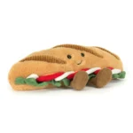 Front view of Jellycat Amuseable Caprese Baguette with smiling face, tomato and mozzarella filling, and cordy legs.