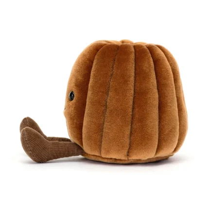 Side view of Jellycat Amuseable Carole Canelé showing plush caramel brown ridges and soft cordy legs.