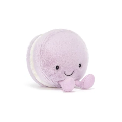 Front view of Jellycat Amuseable May Macaron Lavender with soft lilac shell, cream filling and cordy legs.