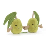 Front view of Jellycat Amuseable Pair of Olives with soft green plush bodies, stitched smiles and linked stems.