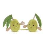 Alternative front view of Jellycat Amuseable Pair of Olives with outstretched cordy arms and stitched smiles.