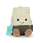 Alternative front view of Jellycat Amuseable Steepy Tea Bag with smiling face, blue tea label, and corduroy legs in a seated pose.