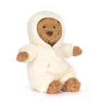 Front view of Jellycat Bartholomew Bear All-in-one Outfit wearing a soft cream hooded onesie.