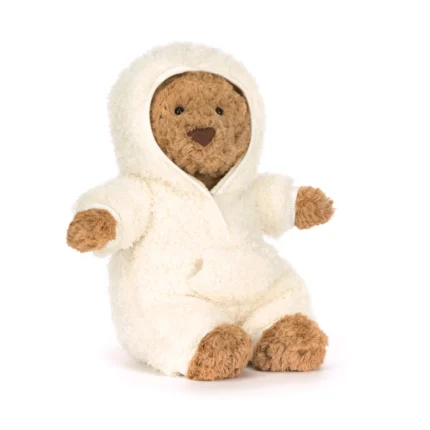 Front view of Jellycat Bartholomew Bear All-in-one Outfit wearing a soft cream hooded onesie.