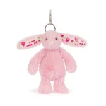 Alternative front view of Jellycat Blossom Blushkin Bunny Bag Charm featuring floral ears, soft pink fur and silver clasp.