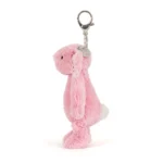 Side view of Jellycat Blossom Blushkin Bunny Bag Charm showing plush pink fur, floppy floral ears and attached silver clip.