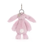 Rear view of Jellycat Blossom Thistlepop Bunny Bag Charm highlighting the soft pastel purple plush, fluffy white tail and silver keyring attachment.