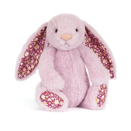 Front view of Jellycat Blossom Thistlepop Luxe Bunny Original with soft pastel purple fur, floral patterned ears and matching blossom print paw pads.