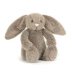 Front view of Jellycat Fawn Flufflet Bunny with soft fawn brown fur, floppy ears and fluffy cream tail.