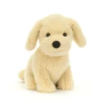 Front view of Jellycat Golden Puppy with soft golden fur, floppy ears and black stitched nose.