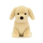 Alternative front view of Jellycat Golden Puppy featuring floppy ears, velvety golden fur and black nose.