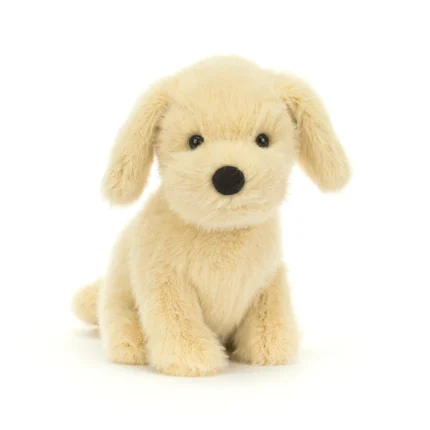 Front view of Jellycat Golden Puppy with soft golden fur, floppy ears and black stitched nose.