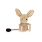 Front view of Jellycat Jerboa with soft sandy fur, oversized upright ears and long tail with black tuft.