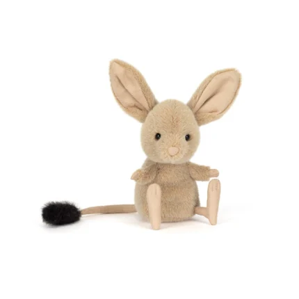 Front view of Jellycat Jerboa with soft sandy fur, oversized upright ears and long tail with black tuft.