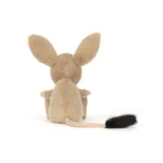 Rear view of Jellycat Jerboa highlighting soft sandy plush, oversized ears and long tail with black tuft.