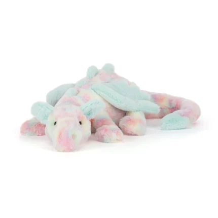 Front view of Jellycat Lazulia Dragon with iridescent pastel fur, soft mint wings and long plush tail.