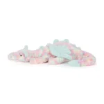 Side view of Jellycat Lazulia Dragon showing rainbow toned plush fur, mint wings and gentle embroidered eyes.