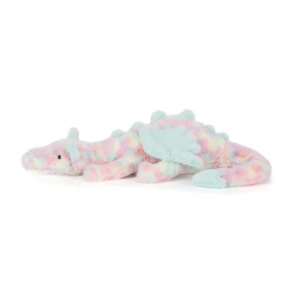Side view of Jellycat Lazulia Dragon showing rainbow toned plush fur, mint wings and gentle embroidered eyes.