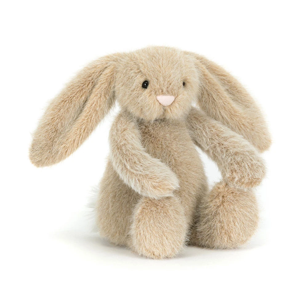 jellycat-oat-flufflet-bunny-front Front view of Jellycat Oat Flufflet Bunny with soft oat beige fur, floppy ears and fluffy cream tail.