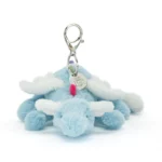 Alternative front view of Jellycat Sky Dragon Bag Charm featuring white wings, baby blue fur, rainbow spikes and silver clasp.
