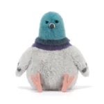 Alternative front view of Jellycat Strutton Pigeon featuring teal head, purple neck band and soft grey plush body.