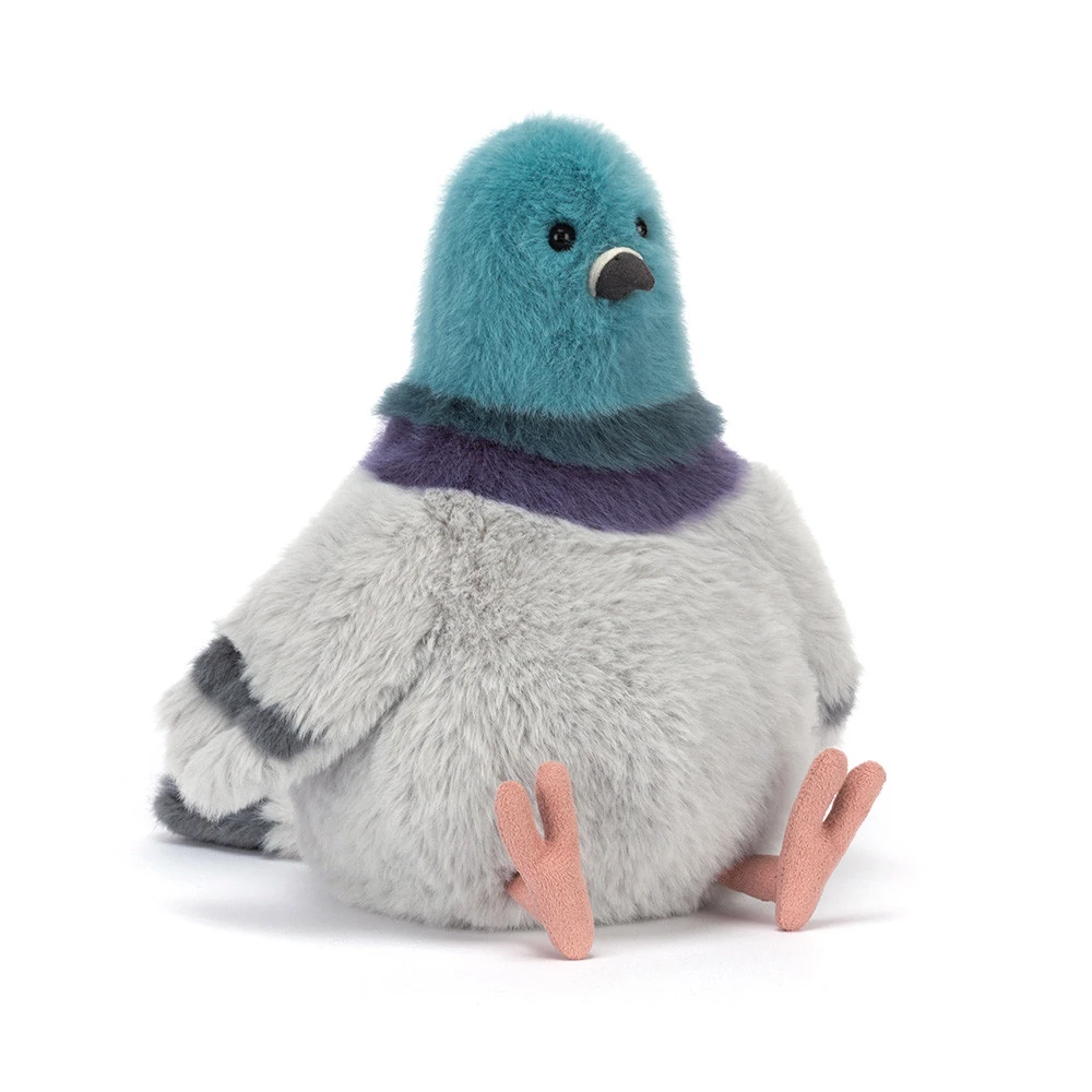 jellycat-strutton-pigeon-front Front view of Jellycat Strutton Pigeon with teal head, grey plush body, purple neck band and pink feet.