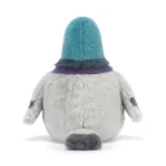 Rear view of Jellycat Strutton Pigeon highlighting rounded grey plush body, teal head and short grey tail.