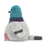 Side view of Jellycat Strutton Pigeon showing soft grey plush body, teal head, purple neck band and small wing.
