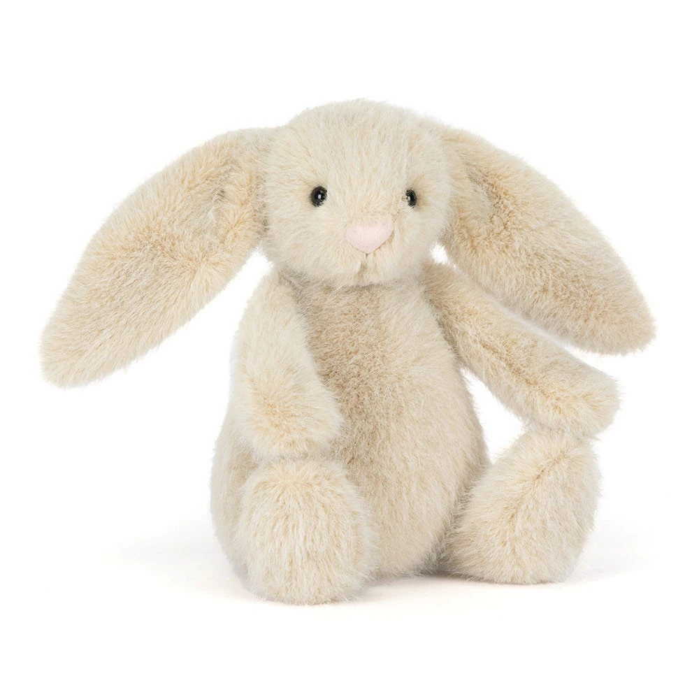 jellycat-wheat-flufflet-bunny-front Front view of Jellycat Wheat Flufflet Bunny with soft wheat beige fur, floppy ears and fluffy cream tail.